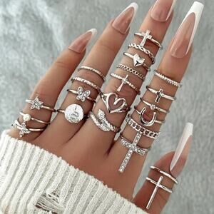 NEW 22pc Silver Ring Set – Vintage style, cross ring, star jewelry, trendy rings